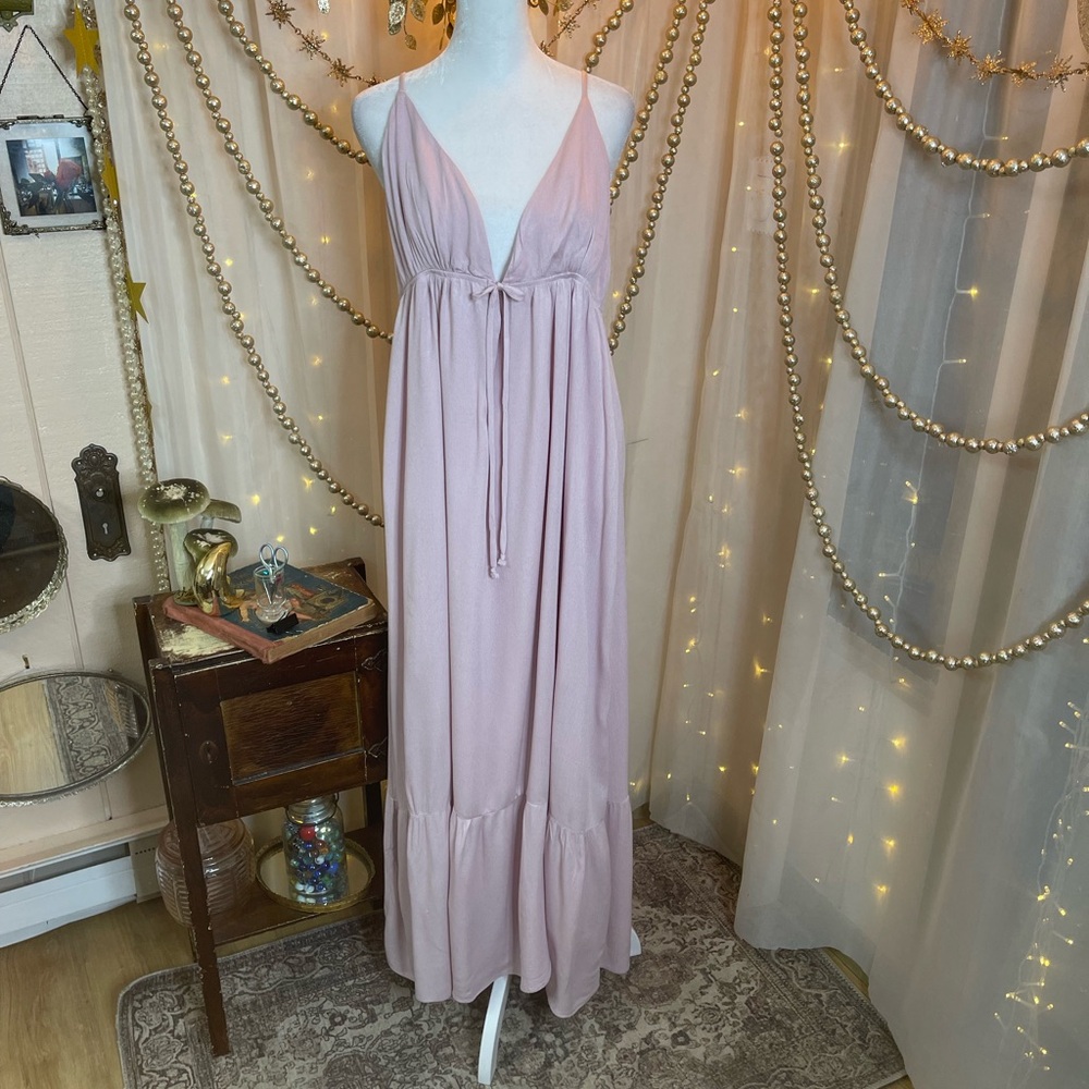 Sweet Pink Maxi Dress with Spaghetti Straps and Plunge Neckline